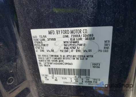 2005 Ford F-150 Fx4/Lariat/Xlt из США, поврежденный, VIN 1FTPW14545KC59563